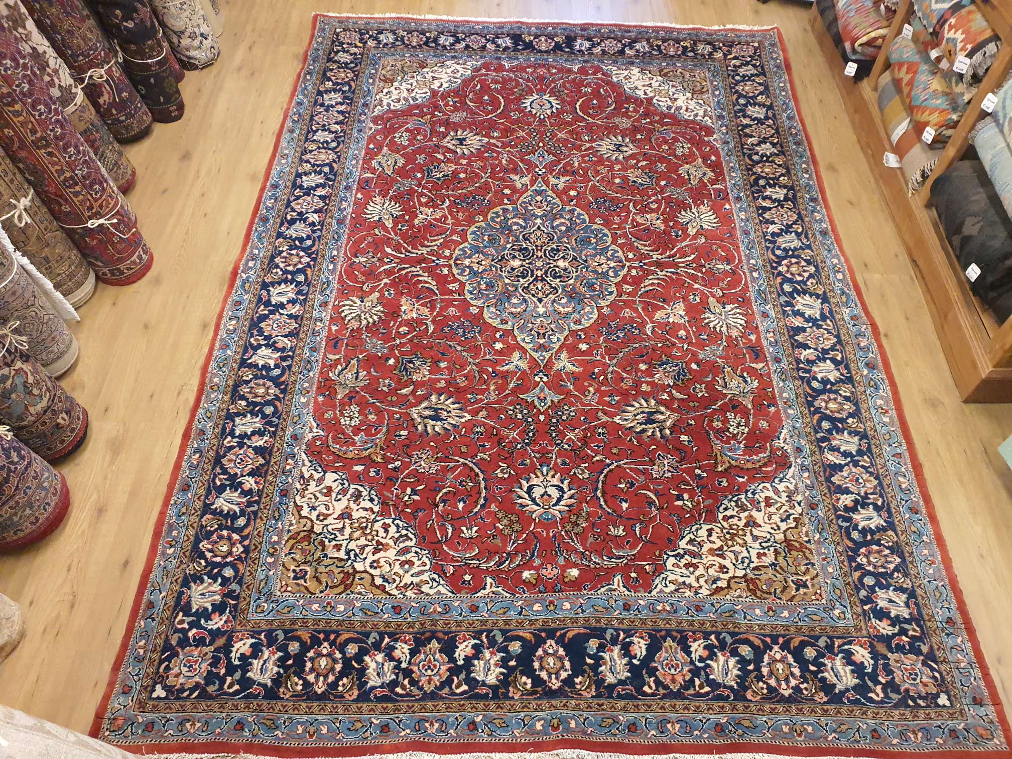 Attent druk span 335x221 vintage handgeknoopt perzisch tapijt sarough ID15542 - Vintage  Perzische en Oosterse Tapijten